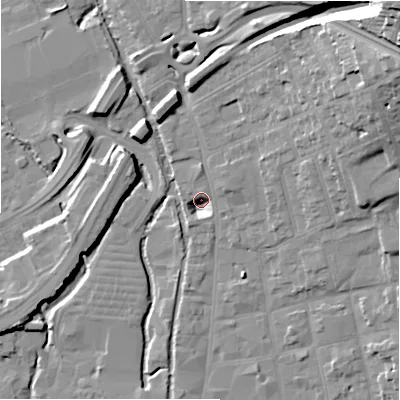 Shaded relief map of the ground around SP13TB, computed from Environment Agency LiDAR. The ground here sits at about 47 m above sea level and falls 32 m across the surrounding 800 m. Surface water reaching this point runs off ground lying to the north-east, 32.2 m higher.