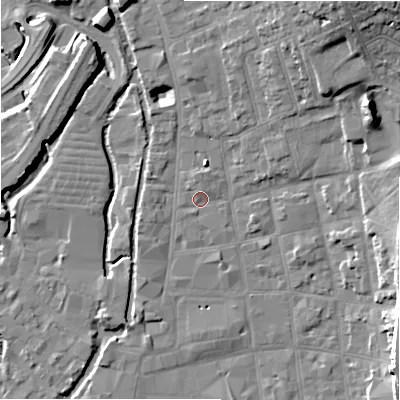 Shaded relief map of the ground around SP13TR, computed from Environment Agency LiDAR. The ground here sits at about 47 m above sea level and falls 19 m across the surrounding 800 m. Surface water reaching this point runs off ground lying to the north-north-west, 1.0 m higher.