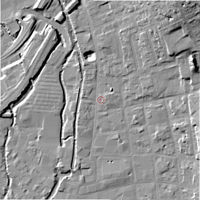 Shaded relief map of the ground around SP13TS, computed from Environment Agency LiDAR. The ground here sits at about 47 m above sea level and falls 21 m across the surrounding 800 m. Surface water reaching this point runs off ground lying to the north-east, 18.9 m higher.