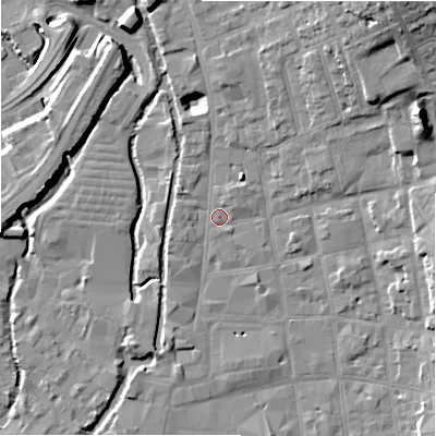 Shaded relief map of the ground around SP13TX, computed from Environment Agency LiDAR. The ground here sits at about 47 m above sea level and falls 19 m across the surrounding 800 m. Surface water reaching this point runs off ground lying to the north-north-east, 15.5 m higher.