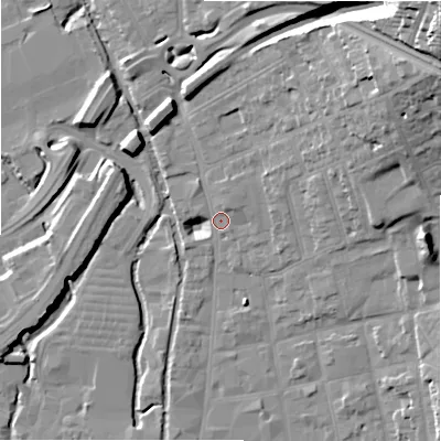 Shaded relief map of the ground around SP13UA, computed from Environment Agency LiDAR. The ground here sits at about 48 m above sea level and falls 36 m across the surrounding 800 m. Surface water reaching this point runs off ground lying to the north-east, 25.4 m higher.