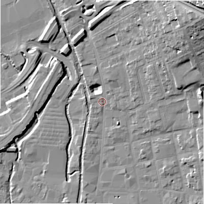 Shaded relief map of the ground around SP13UD, computed from Environment Agency LiDAR. The ground here sits at about 48 m above sea level and falls 30 m across the surrounding 800 m. Surface water reaching this point runs off ground lying to the north-east, 25.4 m higher.