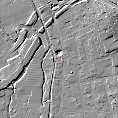 Shaded relief map of the ground around SP13UE, computed from Environment Agency LiDAR. The ground here sits at about 48 m above sea level and falls 28 m across the surrounding 800 m. Surface water reaching this point runs off ground lying to the west-north-west, 1.1 m higher.