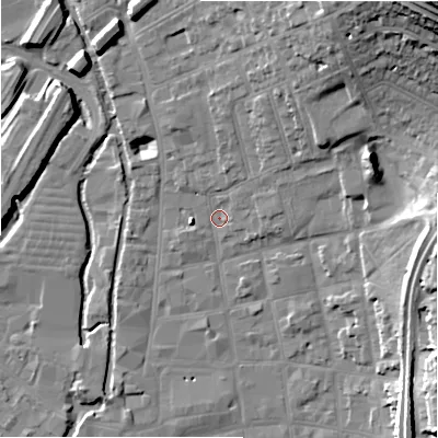 Shaded relief map of the ground around SP13UH, computed from Environment Agency LiDAR. The ground here sits at about 47 m above sea level and falls 31 m across the surrounding 800 m. Surface water reaching this point runs off ground lying to the north-north-east, 19.4 m higher.