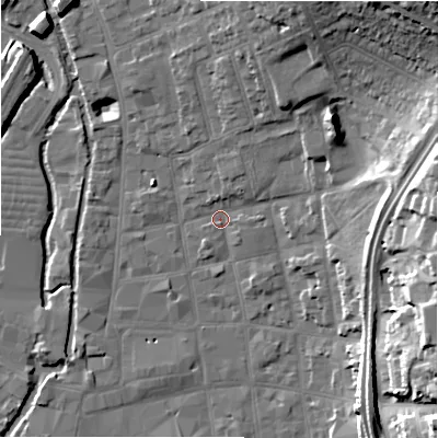 Shaded relief map of the ground around SP13UT, computed from Environment Agency LiDAR. The ground here sits at about 47 m above sea level and falls 24 m across the surrounding 800 m. Surface water reaching this point runs off ground lying to the north, 1.7 m higher.