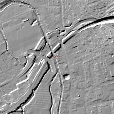 Shaded relief map of the ground around SP13WF, computed from Environment Agency LiDAR. The ground here sits at about 49 m above sea level and falls 30 m across the surrounding 800 m. Surface water reaching this point runs off ground lying to the north, 6.4 m higher.