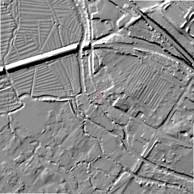 Shaded relief map of the ground around SP20AJ, computed from Environment Agency LiDAR. The ground here sits at about 53 m above sea level and falls 29 m across the surrounding 800 m. Surface water reaching this point runs off ground lying to the east-north-east, 14.9 m higher.