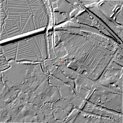 Shaded relief map of the ground around SP20AL, computed from Environment Agency LiDAR. The ground here sits at about 54 m above sea level and falls 30 m across the surrounding 800 m. Surface water reaching this point runs off ground lying to the north-east, 4.1 m higher.