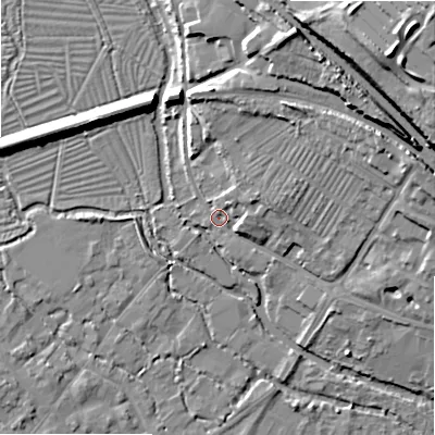 Shaded relief map of the ground around SP20AU, computed from Environment Agency LiDAR. The ground here sits at about 54 m above sea level and falls 30 m across the surrounding 800 m. Surface water reaching this point runs off ground lying to the east-north-east, 13.1 m higher.