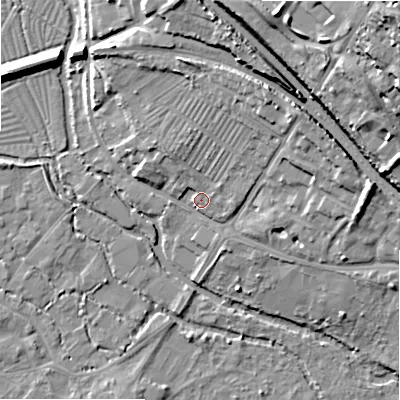 Shaded relief map of the ground around SP20AX, computed from Environment Agency LiDAR. The ground here sits at about 56 m above sea level and falls 38 m across the surrounding 800 m. Surface water reaching this point runs off ground lying to the north-east, 12.0 m higher.