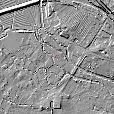 Shaded relief map of the ground around SP20AY, computed from Environment Agency LiDAR. The ground here sits at about 53 m above sea level and falls 24 m across the surrounding 800 m. The ground contributing surface water to this point lies to the west.