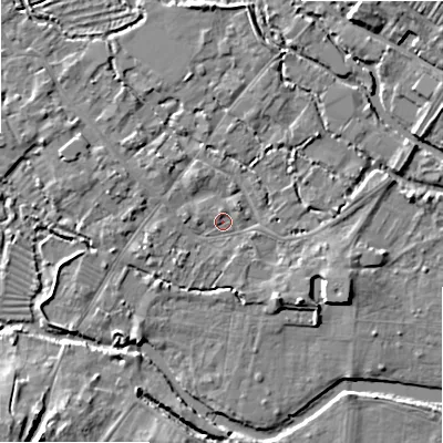Shaded relief map of the ground around SP20BA, computed from Environment Agency LiDAR. The ground here sits at about 53 m above sea level and falls 10 m across the surrounding 800 m. Surface water reaching this point runs off ground lying to the west, 1.1 m higher.
