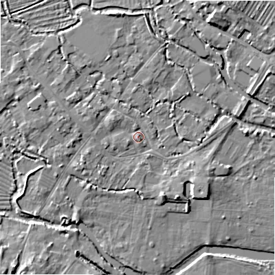 Shaded relief map of the ground around SP20BB, computed from Environment Agency LiDAR. The ground here sits at about 54 m above sea level and falls 9 m across the surrounding 800 m. Surface water reaching this point runs off ground lying to the west-north-west, 2.7 m higher.