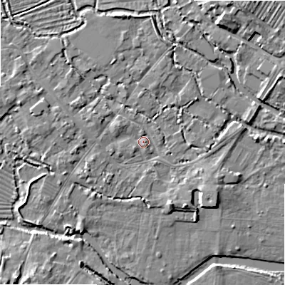 Shaded relief map of the ground around SP20BE, computed from Environment Agency LiDAR. The ground here sits at about 53 m above sea level and falls 10 m across the surrounding 800 m. Surface water reaching this point runs off ground lying to the north-west, 1.9 m higher.