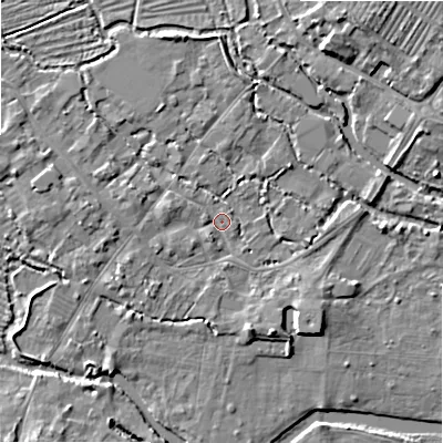 Shaded relief map of the ground around SP20BG, computed from Environment Agency LiDAR. The ground here sits at about 53 m above sea level and falls 10 m across the surrounding 800 m. Surface water reaching this point runs off ground lying to the west-north-west, 2.9 m higher.