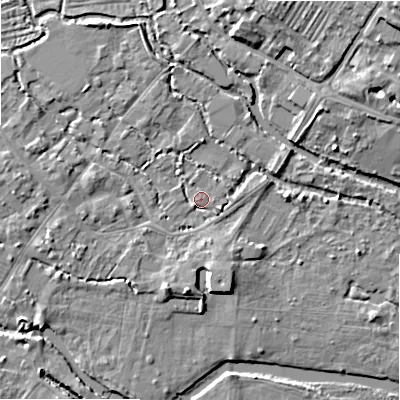 Shaded relief map of the ground around SP20BH, computed from Environment Agency LiDAR. The ground here sits at about 53 m above sea level and falls 13 m across the surrounding 800 m. Surface water reaching this point runs off ground lying to the west, 3.3 m higher.