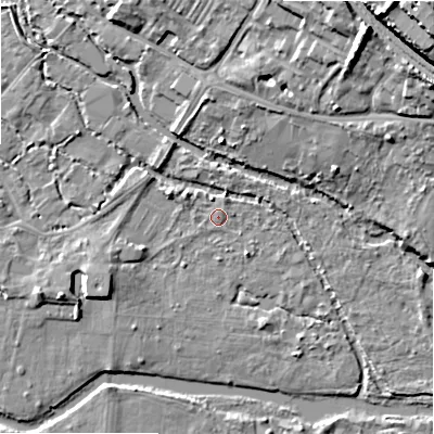 Shaded relief map of the ground around SP20BJ, computed from Environment Agency LiDAR. The ground here sits at about 52 m above sea level and falls 25 m across the surrounding 800 m. Surface water reaching this point runs off ground lying to the west-south-west, 4.6 m higher.