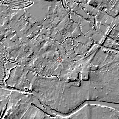 Shaded relief map of the ground around SP20BQ, computed from Environment Agency LiDAR. The ground here sits at about 53 m above sea level and falls 9 m across the surrounding 800 m. Surface water reaching this point runs off ground lying to the west, 1.6 m higher.