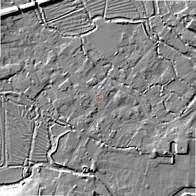 Shaded relief map of the ground around SP20DF, computed from Environment Agency LiDAR. The ground here sits at about 54 m above sea level and falls 11 m across the surrounding 800 m. The ground contributing surface water to this point lies to the north.
