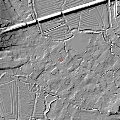 Shaded relief map of the ground around SP20DG, computed from Environment Agency LiDAR. The ground here sits at about 54 m above sea level and falls 11 m across the surrounding 800 m. Surface water reaching this point runs off ground lying to the west, 1.5 m higher.