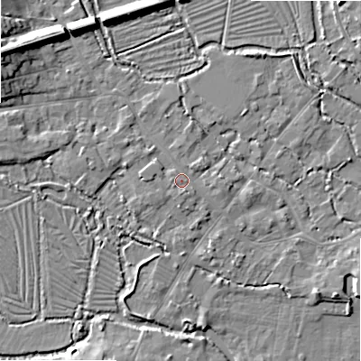 Shaded relief map of the ground around SP20DL, computed from Environment Agency LiDAR. The ground here sits at about 55 m above sea level and falls 11 m across the surrounding 800 m. Surface water reaching this point runs off ground lying to the south, 1.2 m higher.