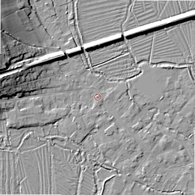 Shaded relief map of the ground around SP20DN, computed from Environment Agency LiDAR. The ground here sits at about 54 m above sea level and falls 19 m across the surrounding 800 m. Surface water reaching this point runs off ground lying to the south, 1.5 m higher.