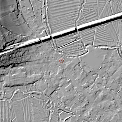 Shaded relief map of the ground around SP20DW, computed from Environment Agency LiDAR. The ground here sits at about 54 m above sea level and falls 19 m across the surrounding 800 m. Surface water reaching this point runs off ground lying to the west-north-west, 17.3 m higher.