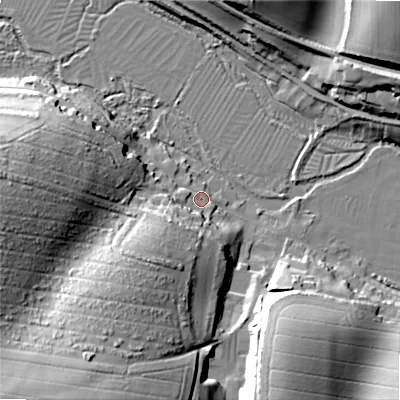 Shaded relief map of the ground around SP20EJ, computed from Environment Agency LiDAR. The ground here sits at about 61 m above sea level and falls 46 m across the surrounding 800 m. Surface water reaching this point runs off ground lying to the south-west, 19.2 m higher.