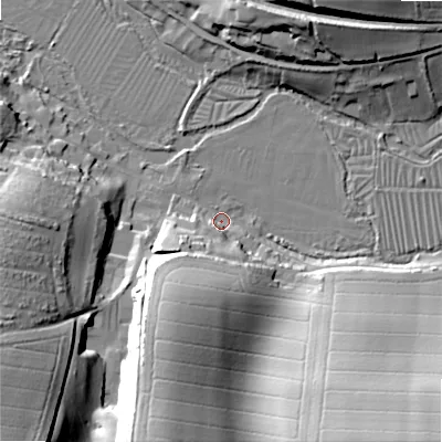 Shaded relief map of the ground around SP20EN, computed from Environment Agency LiDAR. The ground here sits at about 57 m above sea level and falls 44 m across the surrounding 800 m. Surface water reaching this point runs off ground lying to the south-south-west, 25.2 m higher.