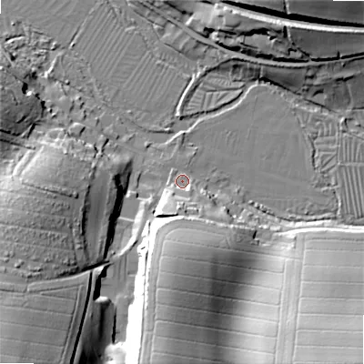 Shaded relief map of the ground around SP20ER, computed from Environment Agency LiDAR. The ground here sits at about 59 m above sea level and falls 47 m across the surrounding 800 m. Surface water reaching this point runs off ground lying to the south-west, 44.9 m higher.