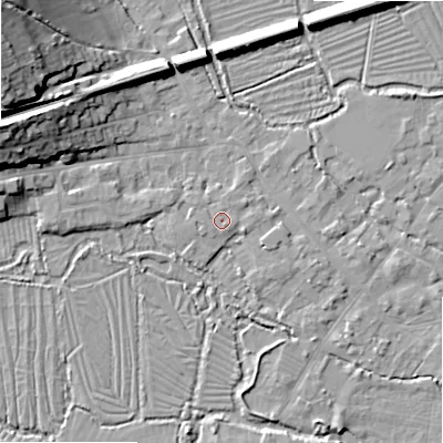 Shaded relief map of the ground around SP20FD, computed from Environment Agency LiDAR. The ground here sits at about 55 m above sea level and falls 23 m across the surrounding 800 m. Surface water reaching this point runs off ground lying to the south-south-east, 0.5 m higher.
