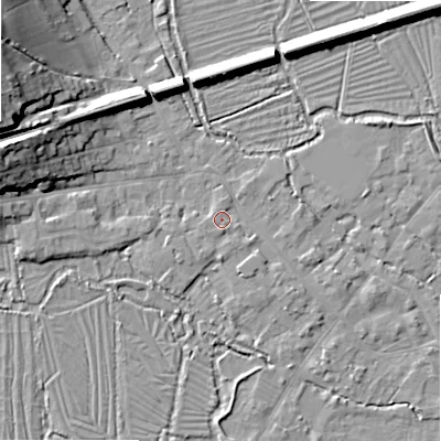 Shaded relief map of the ground around SP20FE, computed from Environment Agency LiDAR. The ground here sits at about 55 m above sea level and falls 19 m across the surrounding 800 m. Surface water reaching this point runs off ground lying to the south-south-east, 1.5 m higher.