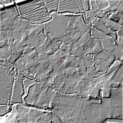Shaded relief map of the ground around SP20HA, computed from Environment Agency LiDAR. The ground here sits at about 54 m above sea level and falls 11 m across the surrounding 800 m. Surface water reaching this point runs off ground lying to the north-west, 1.5 m higher.