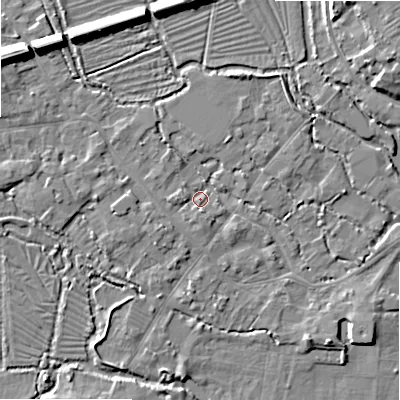 Shaded relief map of the ground around SP20HB, computed from Environment Agency LiDAR. The ground here sits at about 54 m above sea level and falls 10 m across the surrounding 800 m. Surface water reaching this point runs off ground lying to the south-west, 2.6 m higher.