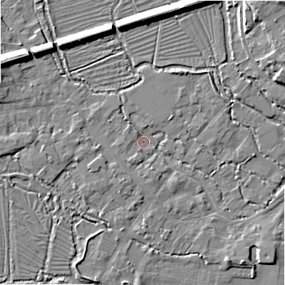 Shaded relief map of the ground around SP20HD, computed from Environment Agency LiDAR. The ground here sits at about 53 m above sea level and falls 10 m across the surrounding 800 m. Surface water reaching this point runs off ground lying to the west, 2.5 m higher.