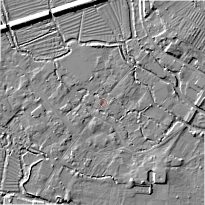 Shaded relief map of the ground around SP20HE, computed from Environment Agency LiDAR. The ground here sits at about 53 m above sea level and falls 11 m across the surrounding 800 m. Surface water reaching this point runs off ground lying to the west-south-west, 0.8 m higher.