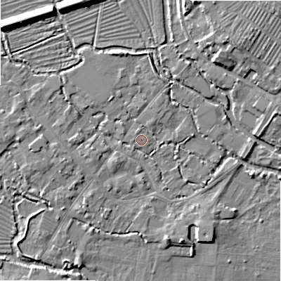 Shaded relief map of the ground around SP20HF, computed from Environment Agency LiDAR. The ground here sits at about 53 m above sea level and falls 11 m across the surrounding 800 m. Surface water reaching this point runs off ground lying to the south-west, 1.1 m higher.