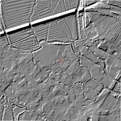 Shaded relief map of the ground around SP20HG, computed from Environment Agency LiDAR. The ground here sits at about 53 m above sea level and falls 14 m across the surrounding 800 m. Surface water reaching this point runs off ground lying to the west-south-west, 1.1 m higher.