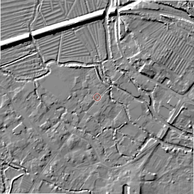 Shaded relief map of the ground around SP20HH, computed from Environment Agency LiDAR. The ground here sits at about 53 m above sea level and falls 17 m across the surrounding 800 m. Surface water reaching this point runs off ground lying to the north-east, 1.0 m higher.