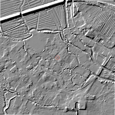 Shaded relief map of the ground around SP20HJ, computed from Environment Agency LiDAR. The ground here sits at about 53 m above sea level and falls 14 m across the surrounding 800 m. Surface water reaching this point runs off ground lying to the north-north-west, 2.2 m higher.