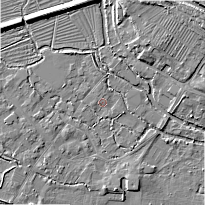 Shaded relief map of the ground around SP20HL, computed from Environment Agency LiDAR. The ground here sits at about 53 m above sea level and falls 16 m across the surrounding 800 m. Surface water reaching this point runs off ground lying to the north-west, 2.2 m higher.