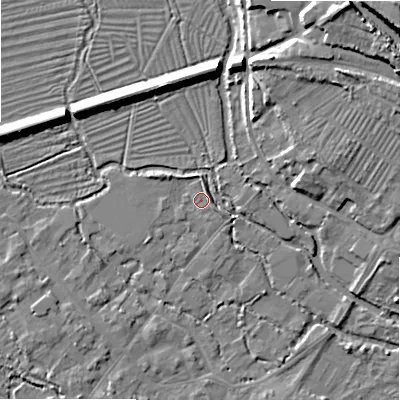 Shaded relief map of the ground around SP20HN, computed from Environment Agency LiDAR. The ground here sits at about 53 m above sea level and falls 22 m across the surrounding 800 m. Surface water reaching this point runs off ground lying to the north-north-west, 8.5 m higher.