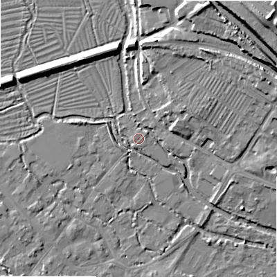 Shaded relief map of the ground around SP20HP, computed from Environment Agency LiDAR. The ground here sits at about 53 m above sea level and falls 27 m across the surrounding 800 m. Surface water reaching this point runs off ground lying to the east-north-east, 1.3 m higher.
