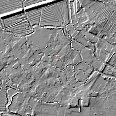 Shaded relief map of the ground around SP20HQ, computed from Environment Agency LiDAR. The ground here sits at about 53 m above sea level and falls 12 m across the surrounding 800 m. Surface water reaching this point runs off ground lying to the north-north-west, 2.2 m higher.