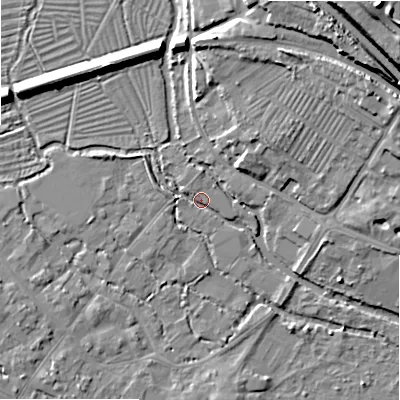 Shaded relief map of the ground around SP20HR, computed from Environment Agency LiDAR. The ground here sits at about 53 m above sea level and falls 25 m across the surrounding 800 m. Surface water reaching this point runs off ground lying to the north-west, 8.8 m higher.