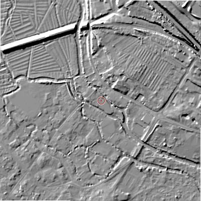Shaded relief map of the ground around SP20HS, computed from Environment Agency LiDAR. The ground here sits at about 53 m above sea level and falls 27 m across the surrounding 800 m. Surface water reaching this point runs off ground lying to the east, 2.3 m higher.