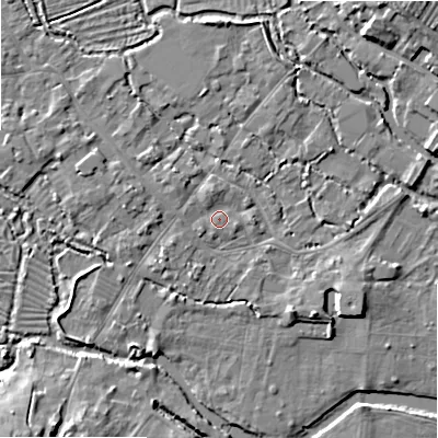 Shaded relief map of the ground around SP20HT, computed from Environment Agency LiDAR. The ground here sits at about 54 m above sea level and falls 11 m across the surrounding 800 m. Surface water reaching this point runs off ground lying to the north-north-west, 1.3 m higher.