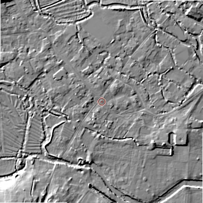 Shaded relief map of the ground around SP20HU, computed from Environment Agency LiDAR. The ground here sits at about 54 m above sea level and falls 12 m across the surrounding 800 m. Surface water reaching this point runs off ground lying to the north-west, 1.2 m higher.