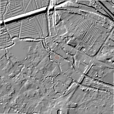 Shaded relief map of the ground around SP20HW, computed from Environment Agency LiDAR. The ground here sits at about 53 m above sea level and falls 24 m across the surrounding 800 m. Surface water reaching this point runs off ground lying to the north-north-west, 8.8 m higher.