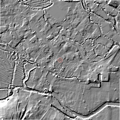 Shaded relief map of the ground around SP20HX, computed from Environment Agency LiDAR. The ground here sits at about 54 m above sea level and falls 14 m across the surrounding 800 m. Surface water reaching this point runs off ground lying to the east-north-east, 0.7 m higher.